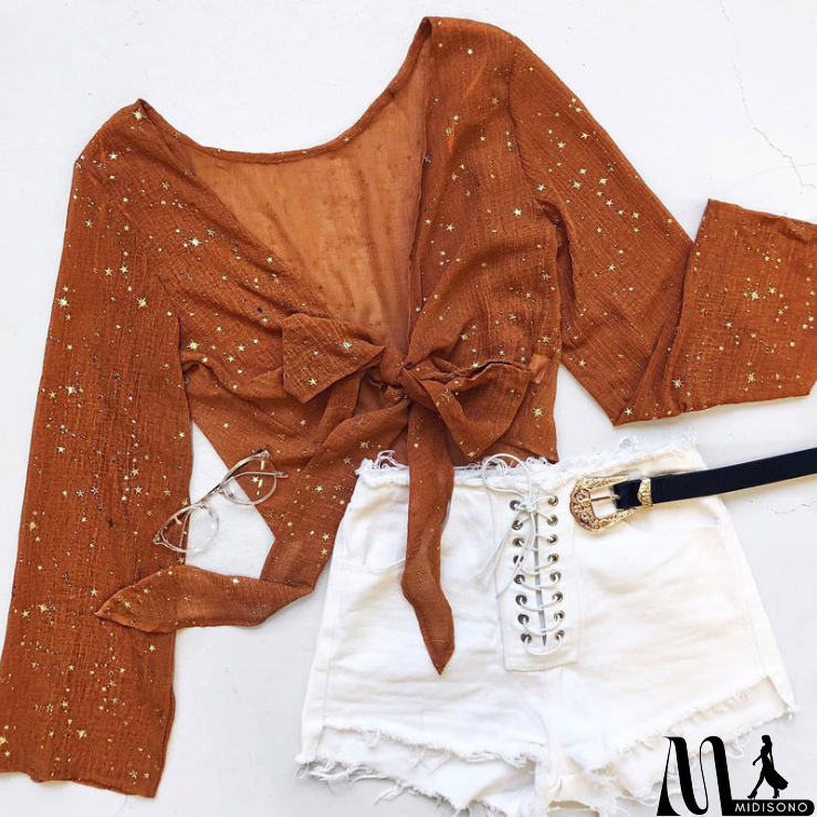 MidiSono - Women V-Neck Long-Sleeved Lace Five-Pointed Star Top