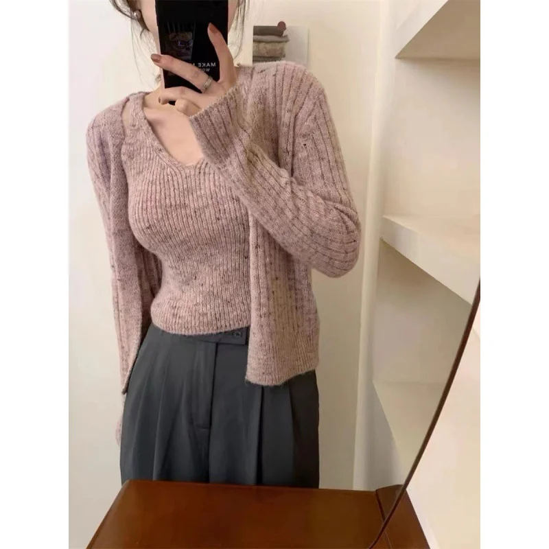 Uveng Uveng New Retro Color Yarn Sweater Coat Women Loose Knitted Slings Two Sets