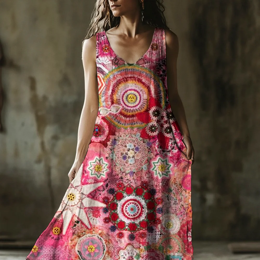 Vintage Lace Floral Art Women's Linen Vest Dress
