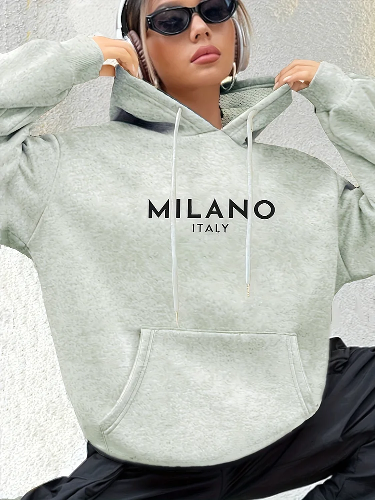 Milan Italy Women's Polyester Jacket- 100% Fabric, Letter Print, Casual Long Sleeve Sweatshirt With Pockets, Fashionable European Travel-Inspired Hoodie, Spring Summer Autumn Collection