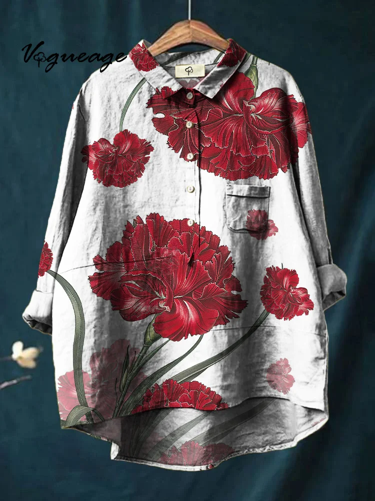 Generous Simple And Elegant Flowers Print Cotton And Linen Shirt
