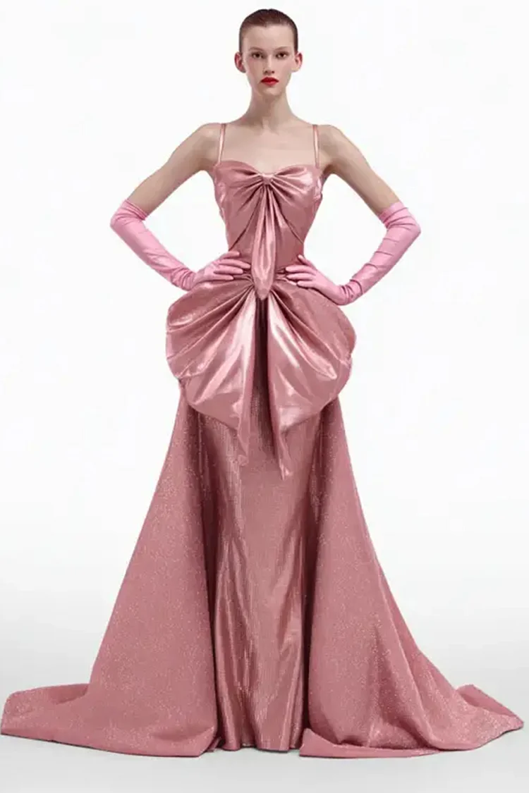 Spaghetti Straps Bow Embellishment Maxi Dress-Pink [Custom-Made]