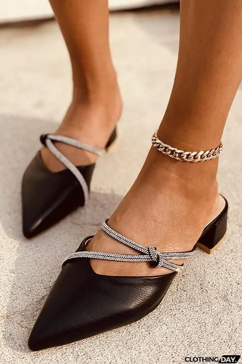 Rhinestone Decor Point Toe Chunky Heeled Mules