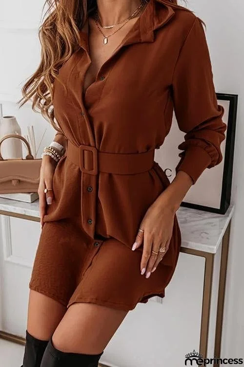 Button Long Sleeve Shirt Mini Dress With Belt
