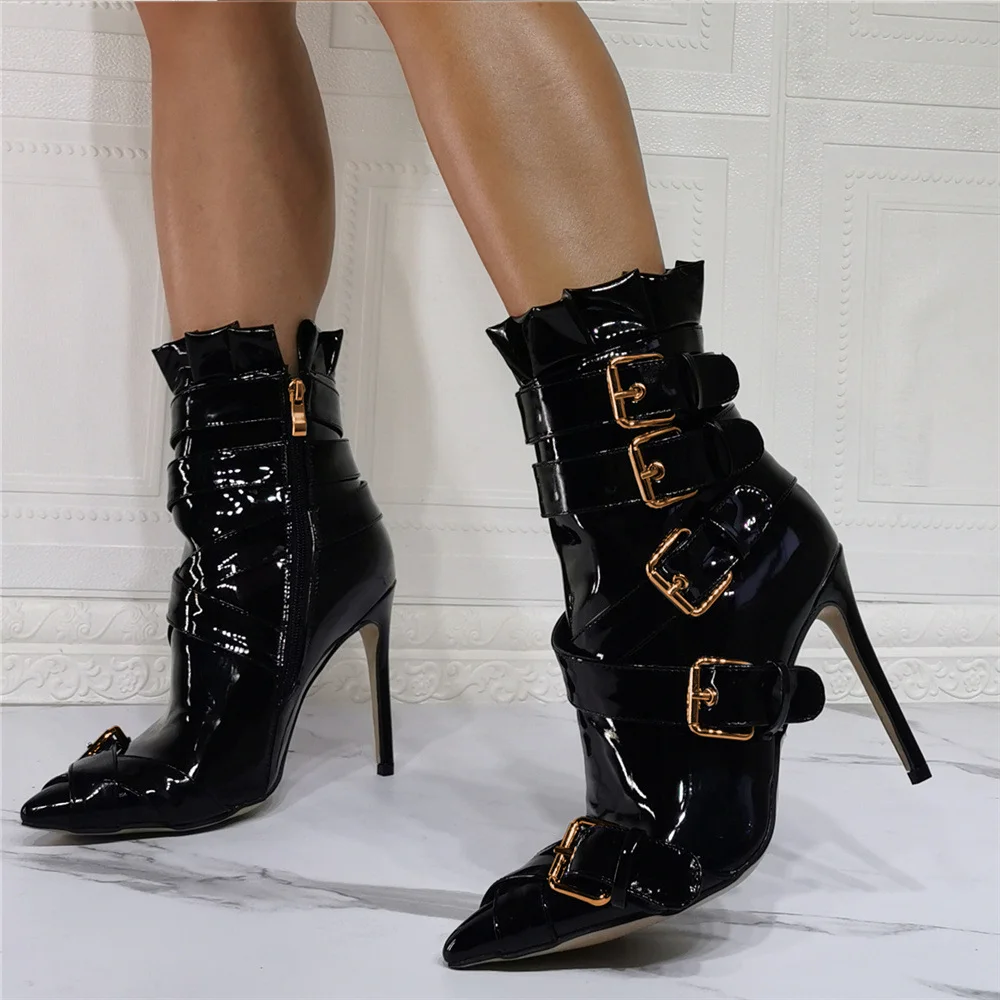 Buckle Embellished Heels Patent Leather Shoes Ankle Boots