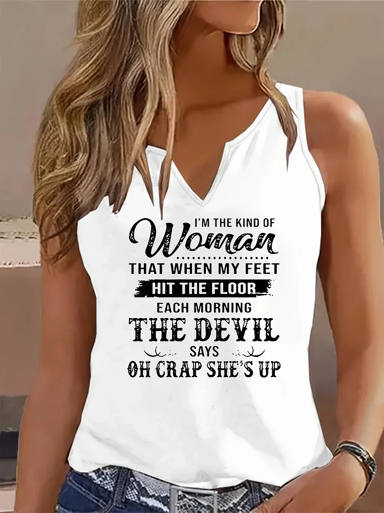 Women's Casual Sleeveless Double V-Neck Tank Top With "I'm The Kind Of Woman" Slogan Print - Lightweight Stretchy Fabric, Machine Washable, Non-Transparent, All-Season Versatile Wear For Summer & Layering