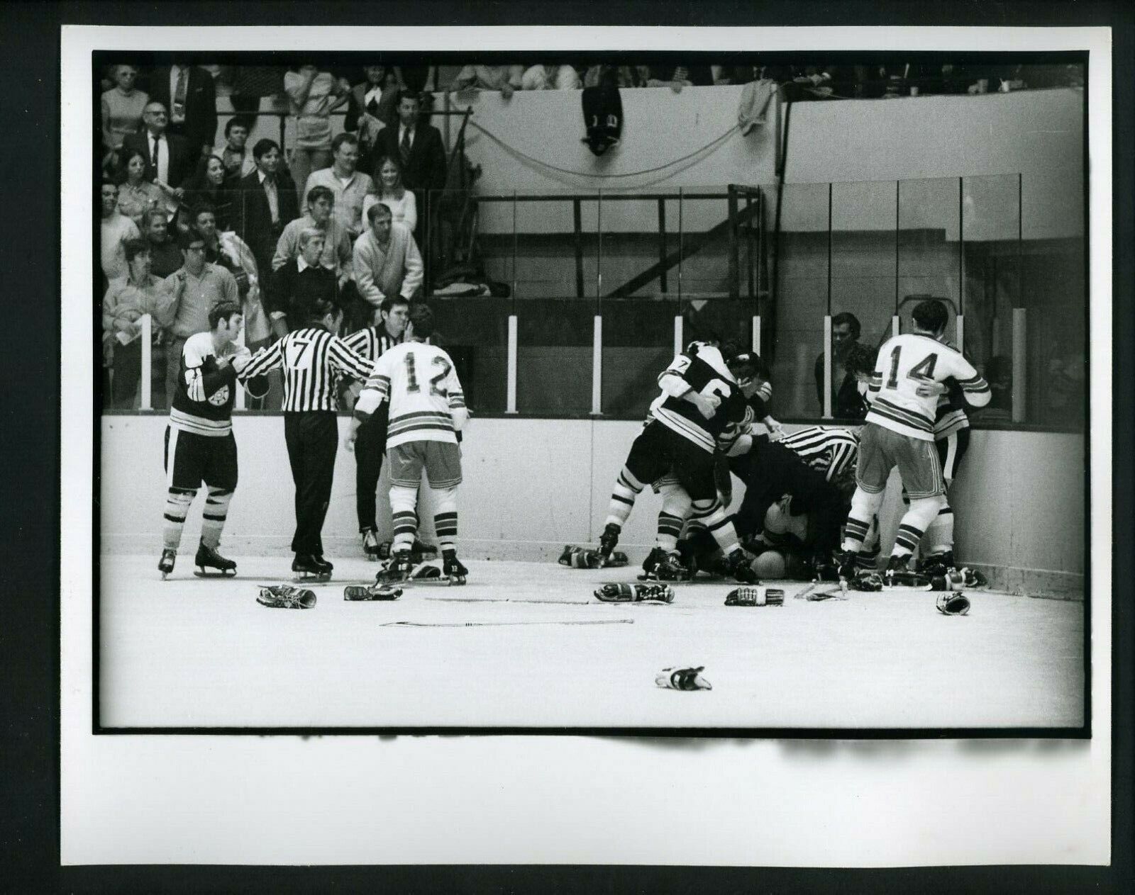 Boston Bruins fighting New York Rangers circa 1960's Press Original Photo Poster painting