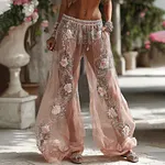 Women's Spring Floral Roses Embroidered Art Print Flowy Linen Blend Casual Pants - Image 3