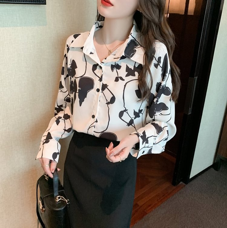 As Picture Printed Long Sleeve Floral Shirts & Tops