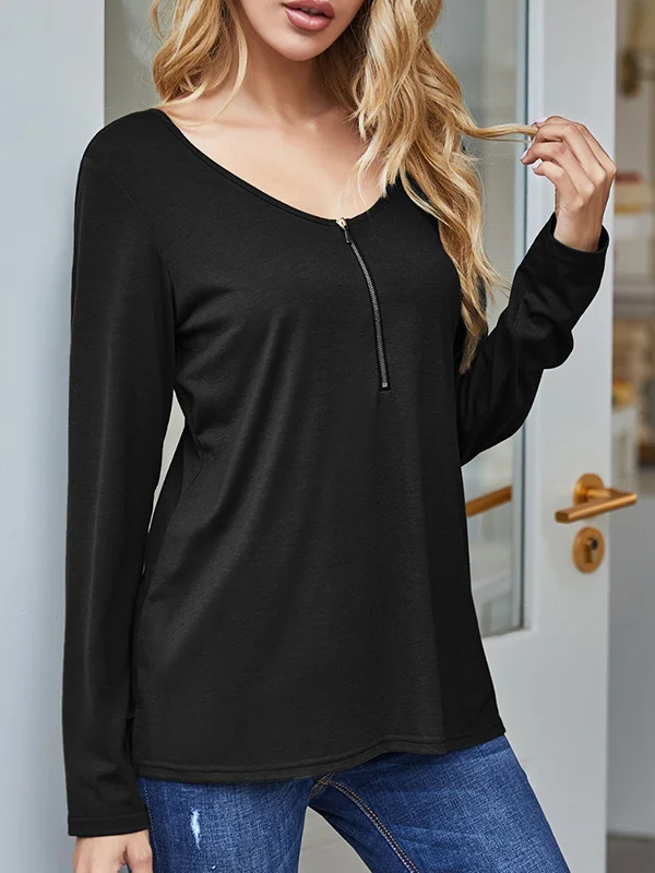 Hollow Split-Side Zipper High-Low Long Sleeves V-Neck T-Shirts Tops