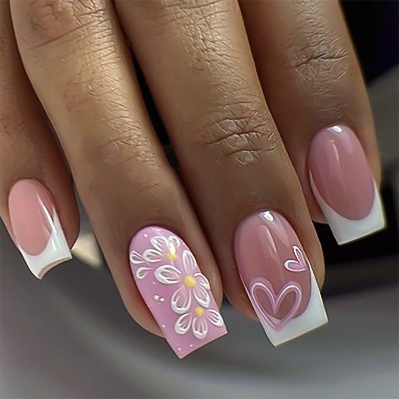 24PCS Mid-length Square Nail Shiny Cat Eyes Wearable False Nails White French Press on Nails with Golden Stripe Full Cover Nail