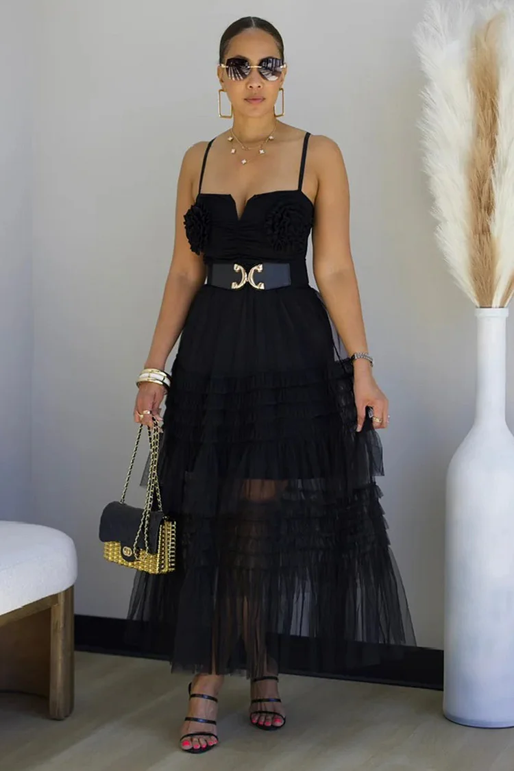 Notched Neck Tiered Ruffle Mesh Party Maxi Slip Dresses-Black [Pre Order]