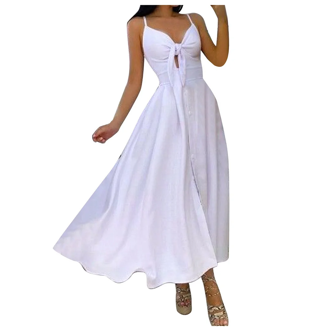 Uveng Uveng New V-Neck Sling Print Commuting Bow Mid-Long Dress