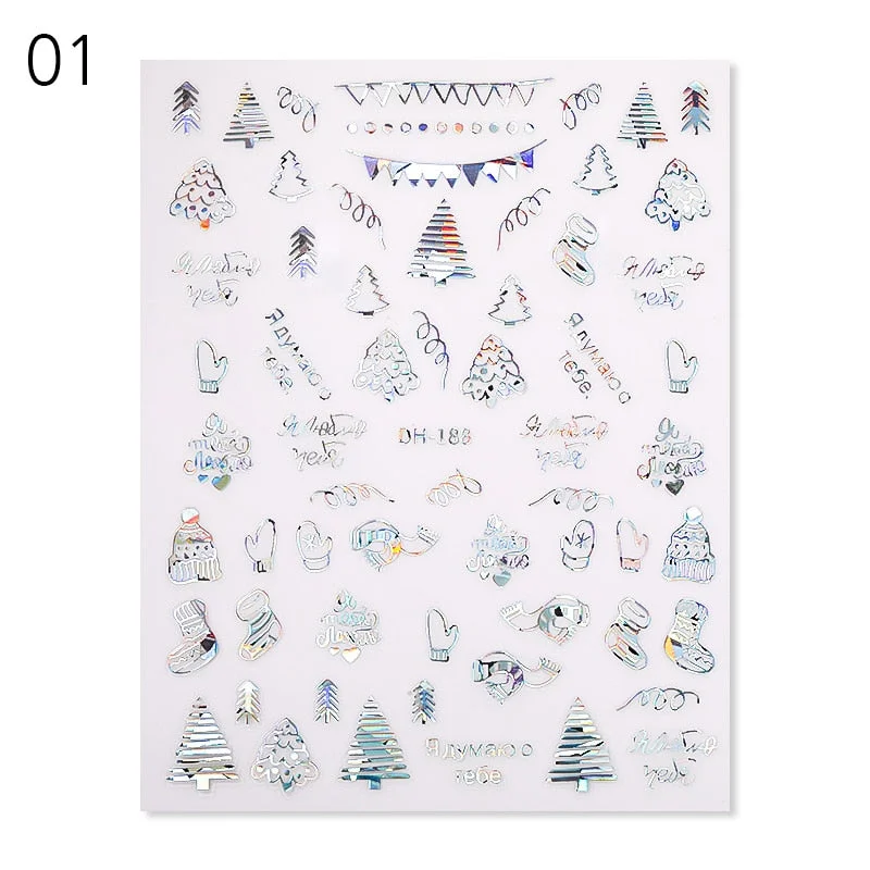 Gold Bronzing 3D Christmas Nail Art Decoration Sticker Sparkly White Colorful Glitter Geometry Snowflake Winter Slider Foil