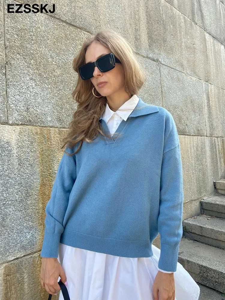 Autumn Winter casual chic v-neck oversize thick Sweater pullovers Women 2021 loose elegant Sweater Pullover female Long Sleeve