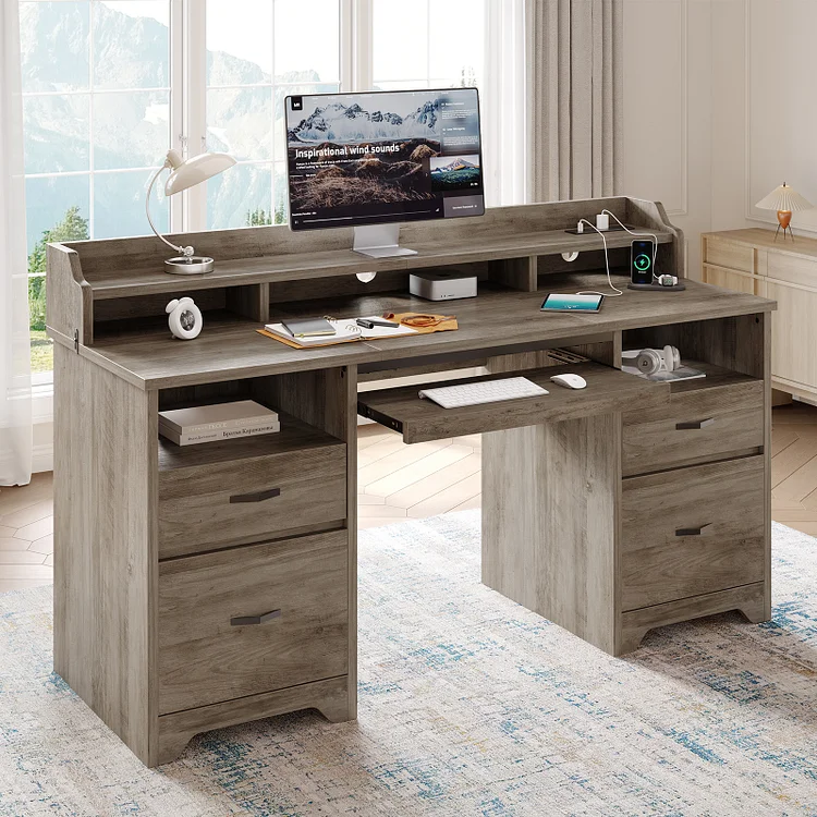 Bestier Farmhouse Executive Desk with Drawers, 59" Wood Computer Desk with Charging Station, Home Office Desk with Keyboard Tray & Monitor Stand，File Cabinet Sturdy Desk for Work Study, Gray