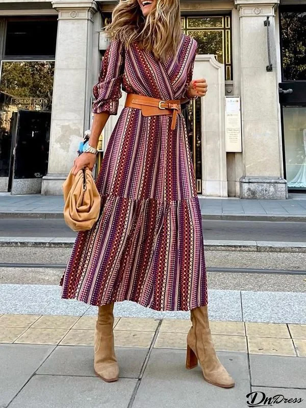 Deep v neck bohemia striped belted dress