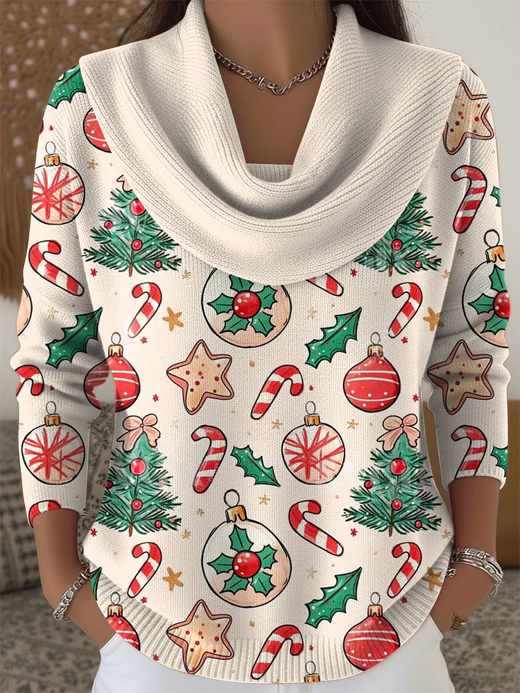 Women's Christmas Pattern Print Cowl Neck Sweater