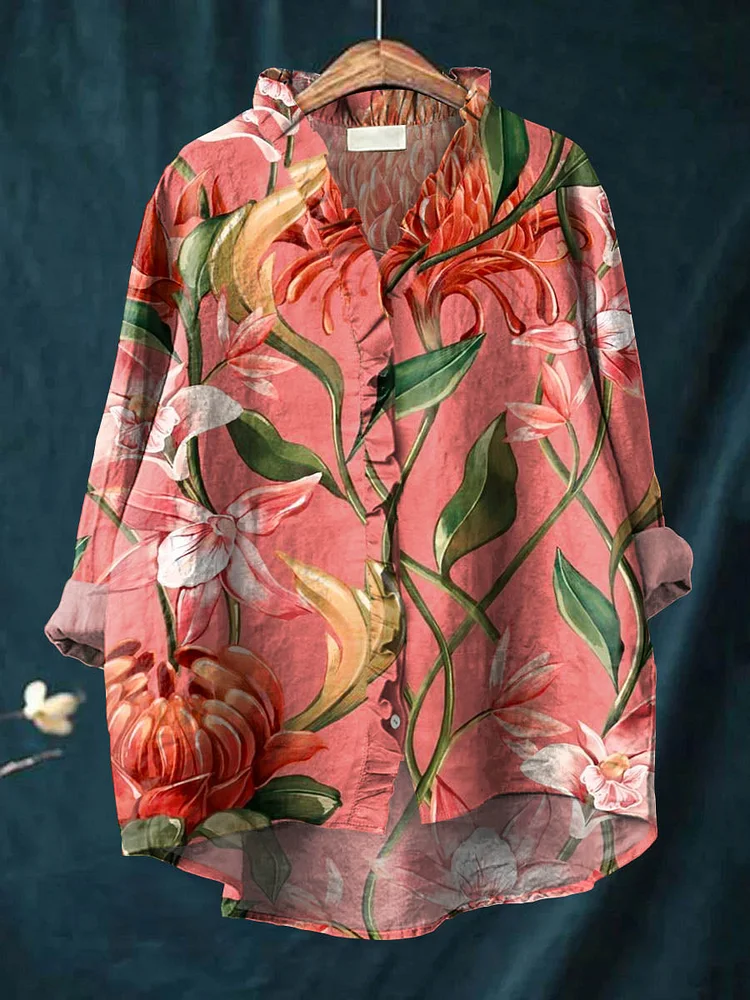 Women's Vintage Floral Art Print Casual Cotton And Linen Ruffle Shirt