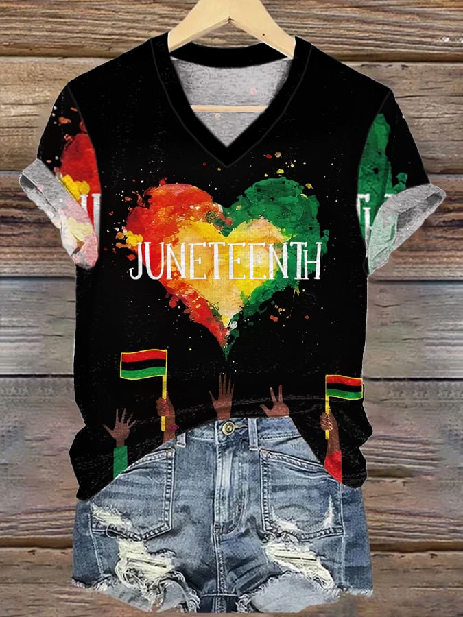 Women's Casual Black Juneteenth Print V-Neck Short Sleeve T-Shirt 