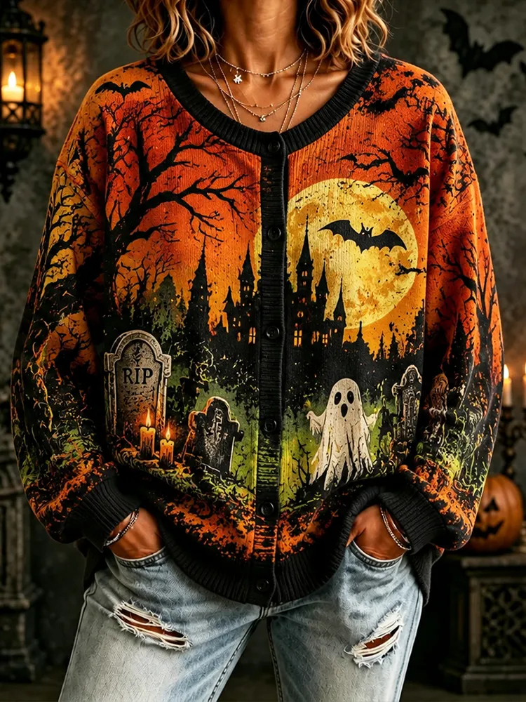 Comstylish Women's Halloween Cardigan Sweater - Haunted Castle, Full Moon, Ghost & Tombstones Print