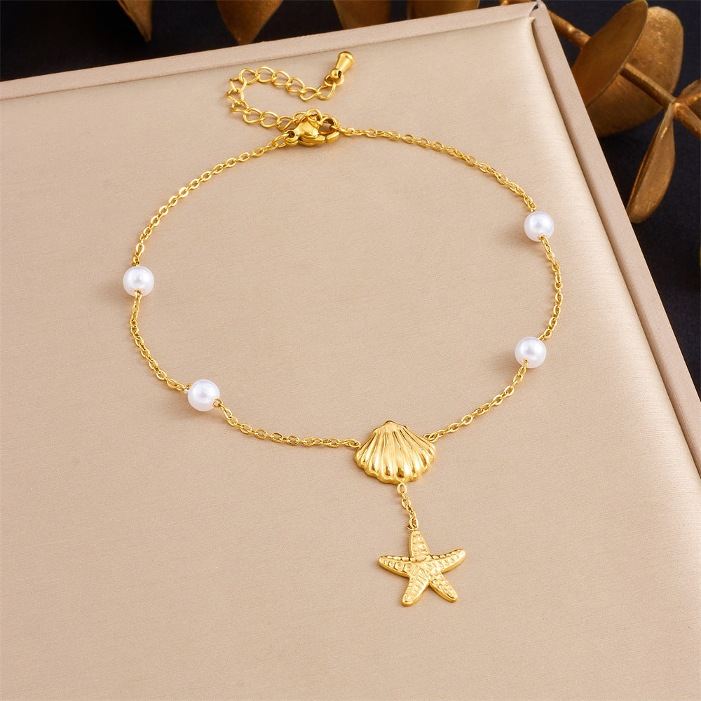 Korean Style Fashion Stacking Double Chain Diamond Cherry Starfish Flower Star Moon Pendant Stainless Steel Anklet Female