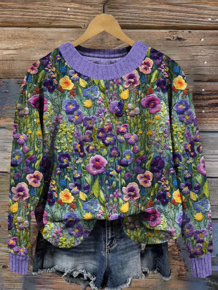VChics Violet Wildflower Embroidery Art Cozy Knit Sweater