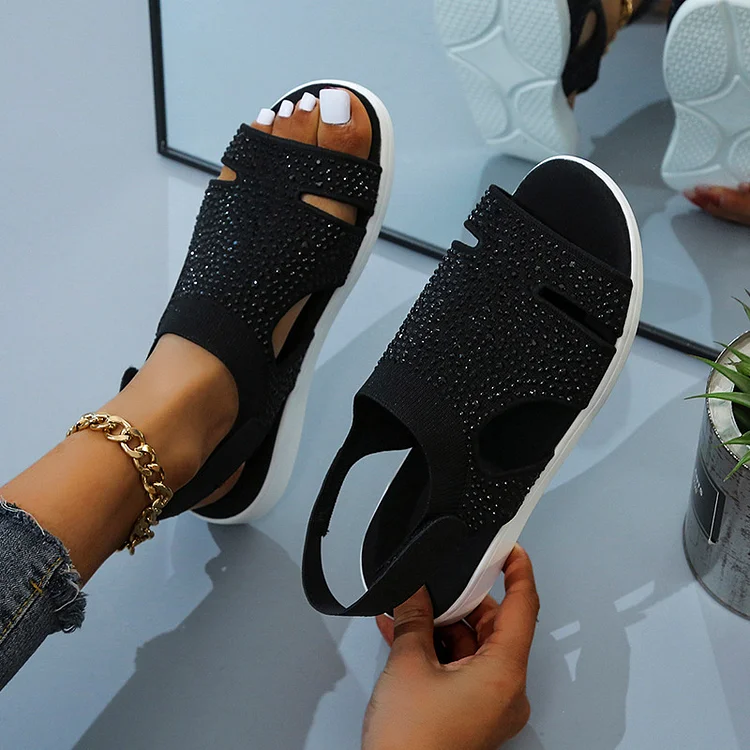 Rhinestone Embellished Flying Woven Velcro Sandals cilool Women's Comfortable Sandals Mesh Casual Women's Wedge Shoes