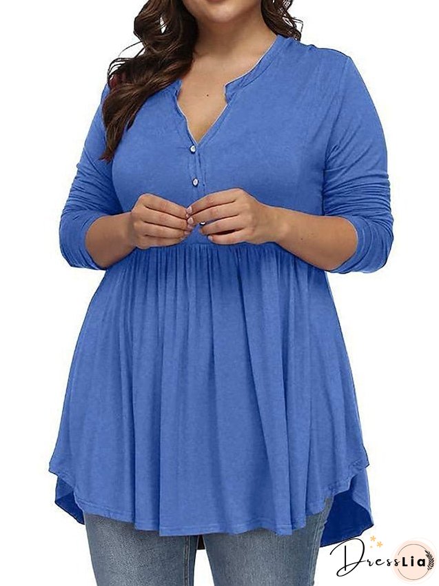 T shirt Tee Light Blue claret Deep Purple Plain Button Flowing tunic Long Sleeve Daily Weekend Basic V Neck Long Plus Size L for Women