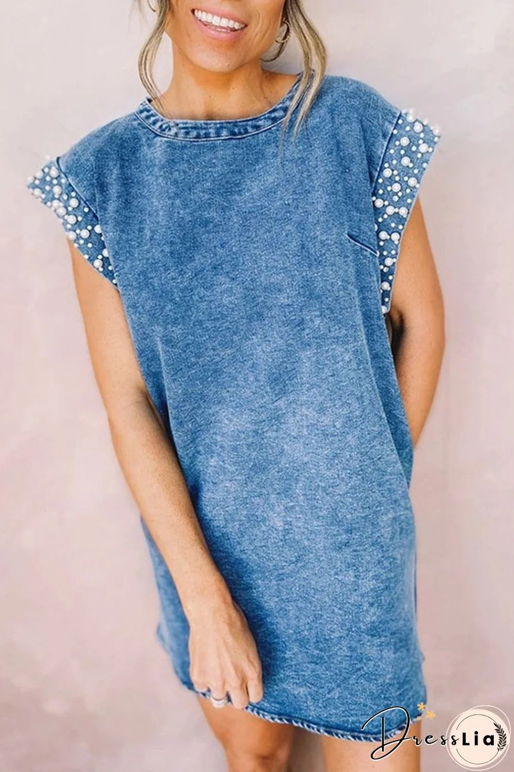 Denim Pearl Beaded Round Neck Dress