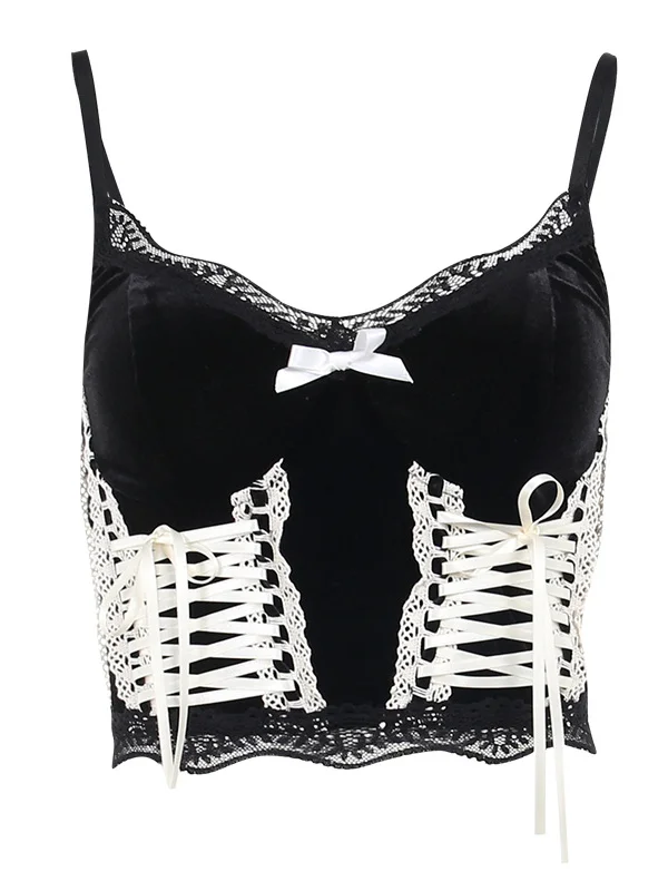 Gothic Dark Bandaged Lace-up Spaghetti Paneled Bowknot Top