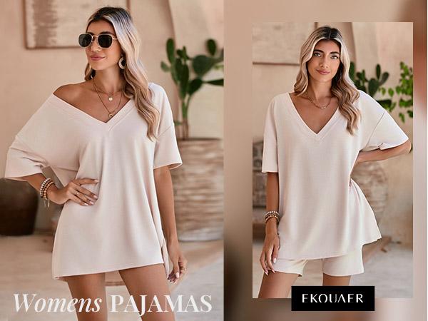 EKOUAER V-neck comfort Two-Piece Pajama Set For Women Summer Casual  Split Hem Shirts & Biker Shorts Minimalist Lounge Wear Soft Homewear Cozy Pjs Clothes Comfy