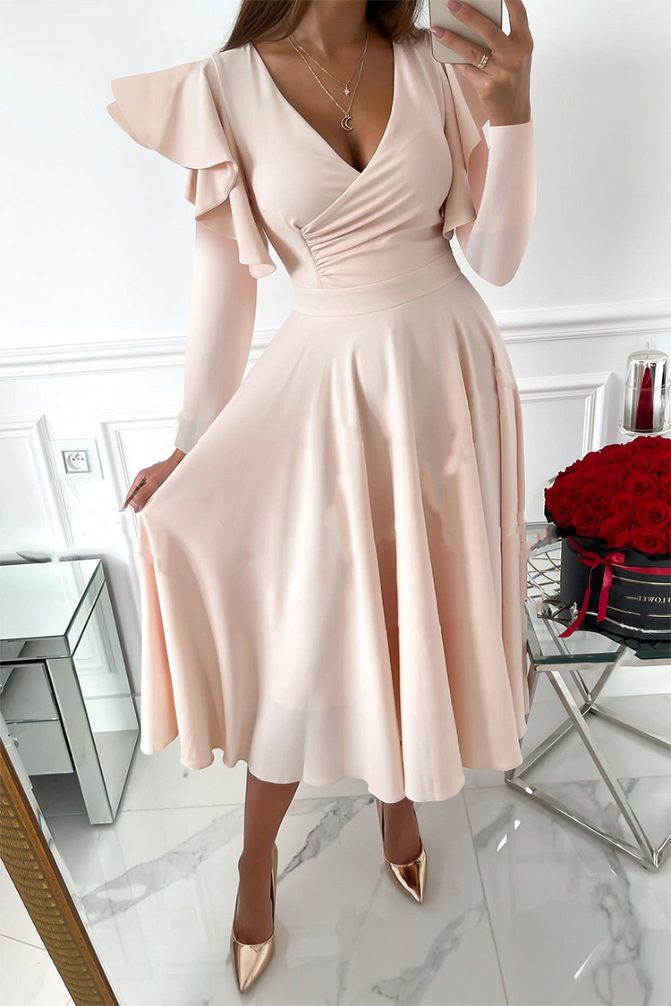 Fashion Elegant Solid Patchwork Flounce V Neck Waist Skirt Dresses(5 Colors)