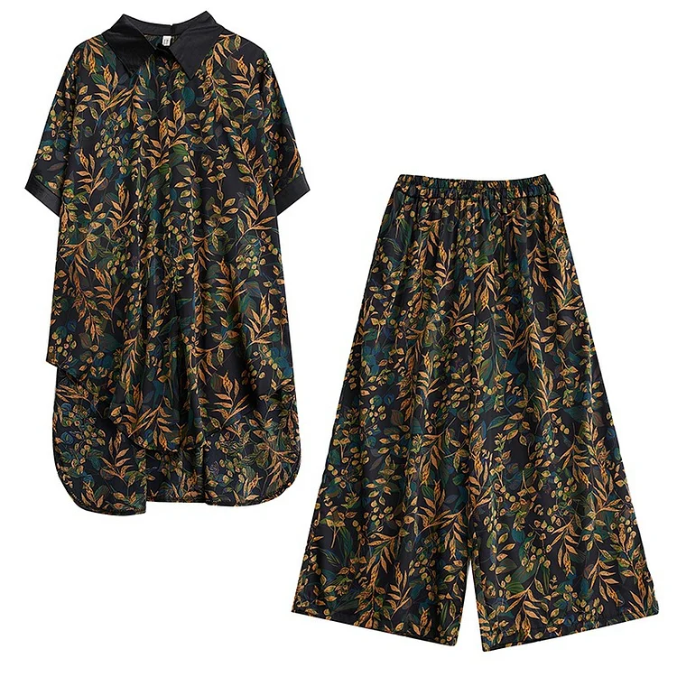 Loose Floral Short Sleeve Top and Wide Leg Pants Suits