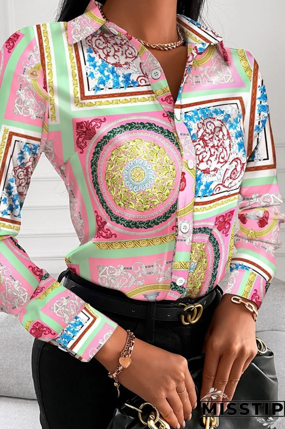 Black Red Casual Print Patchwork Shirt Collar Tops