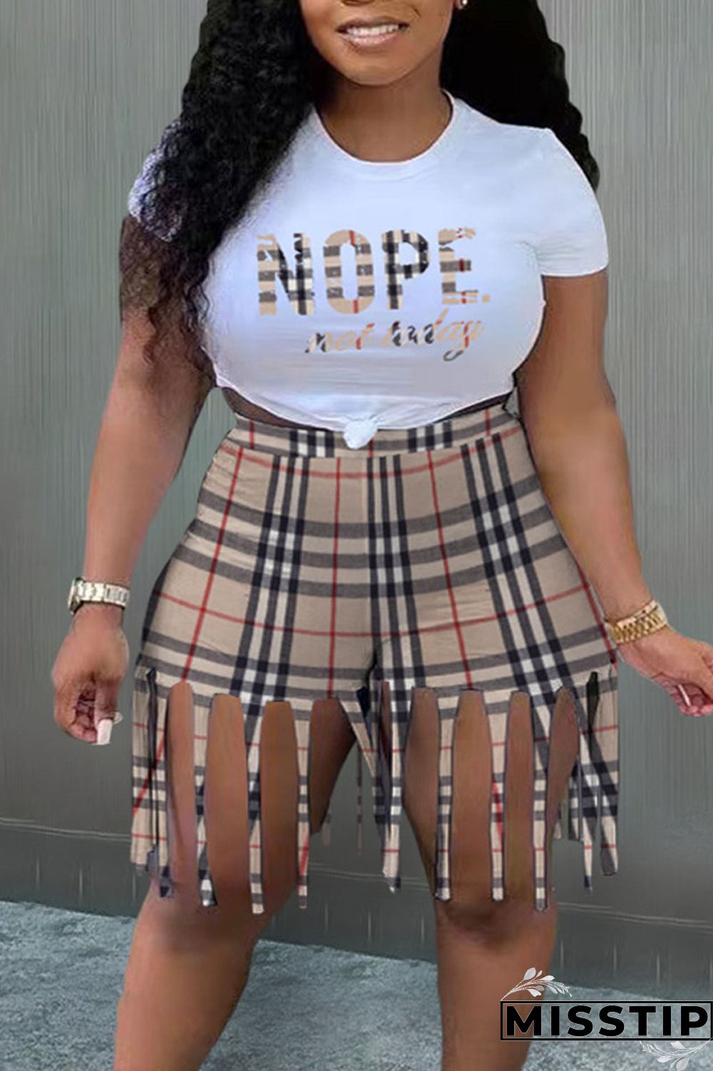 Black White Casual Street Print Tassel Patchwork O Neck Plus Size Two Pieces