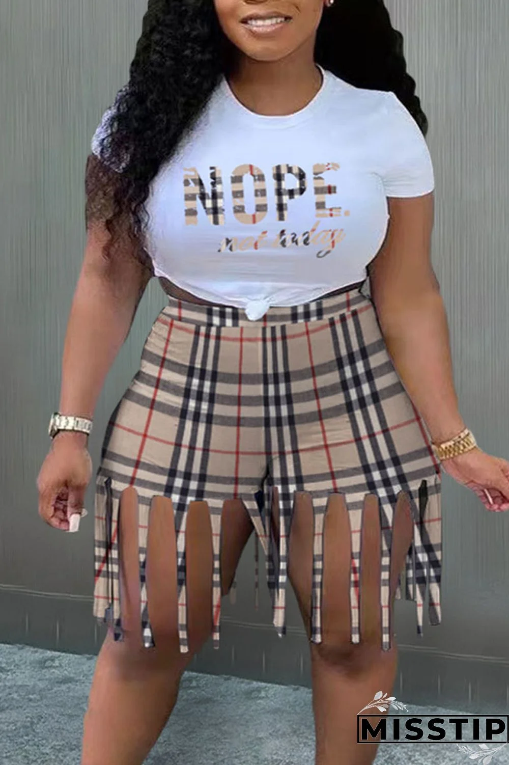 Black White Casual Street Print Tassel Patchwork O Neck Plus Size Two Pieces