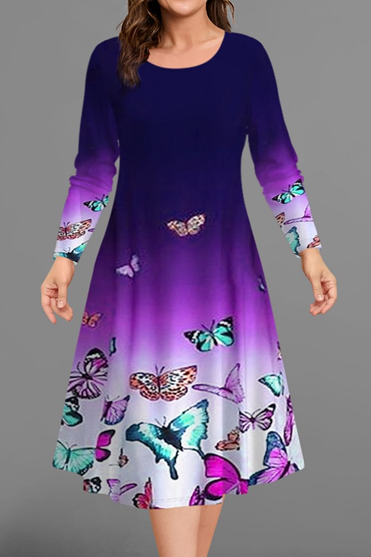 Flycurvy Plus Size Casual Purple Butterfly Print Ombre Midi Dress  flycurvy [product_label]