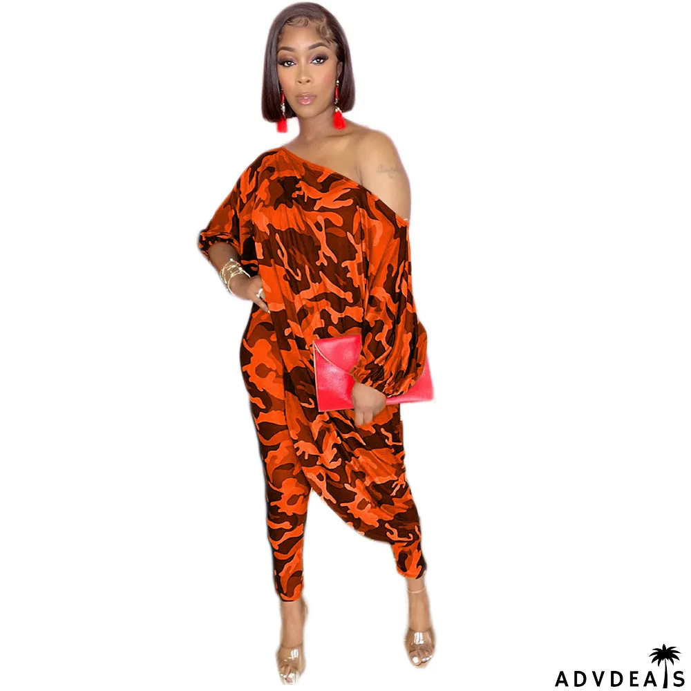 Women's Fashion Casual Loose Plus Size Slash Shoulder Pant Two Piece