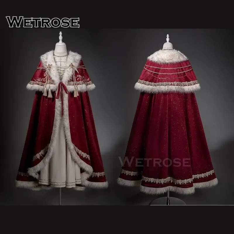 [Wetrose] In Stock Vintage Wine Red Fur Trim Cloak Long Cream Dress Winter Lolita Cosplay Costume Xmas