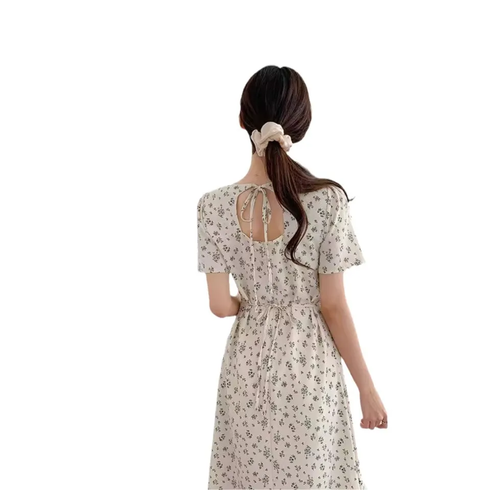 Uveng Uveng Chic Summer Retro Elegant V-Neck Hollow Back Strap Design Waist Show Thin Short-Sleeved Floral Dress