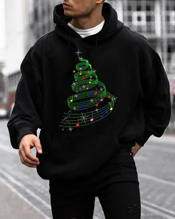 Men's Casual Christmas Tree Print Black Hoodie-VESSFUL