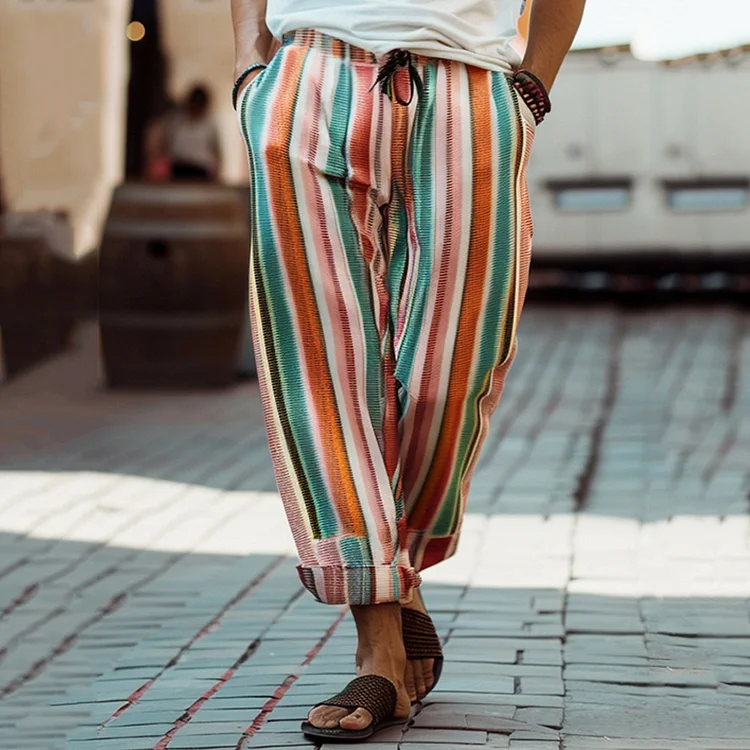 Men'S Casual Vintage Rainbow Stripe Print Pants