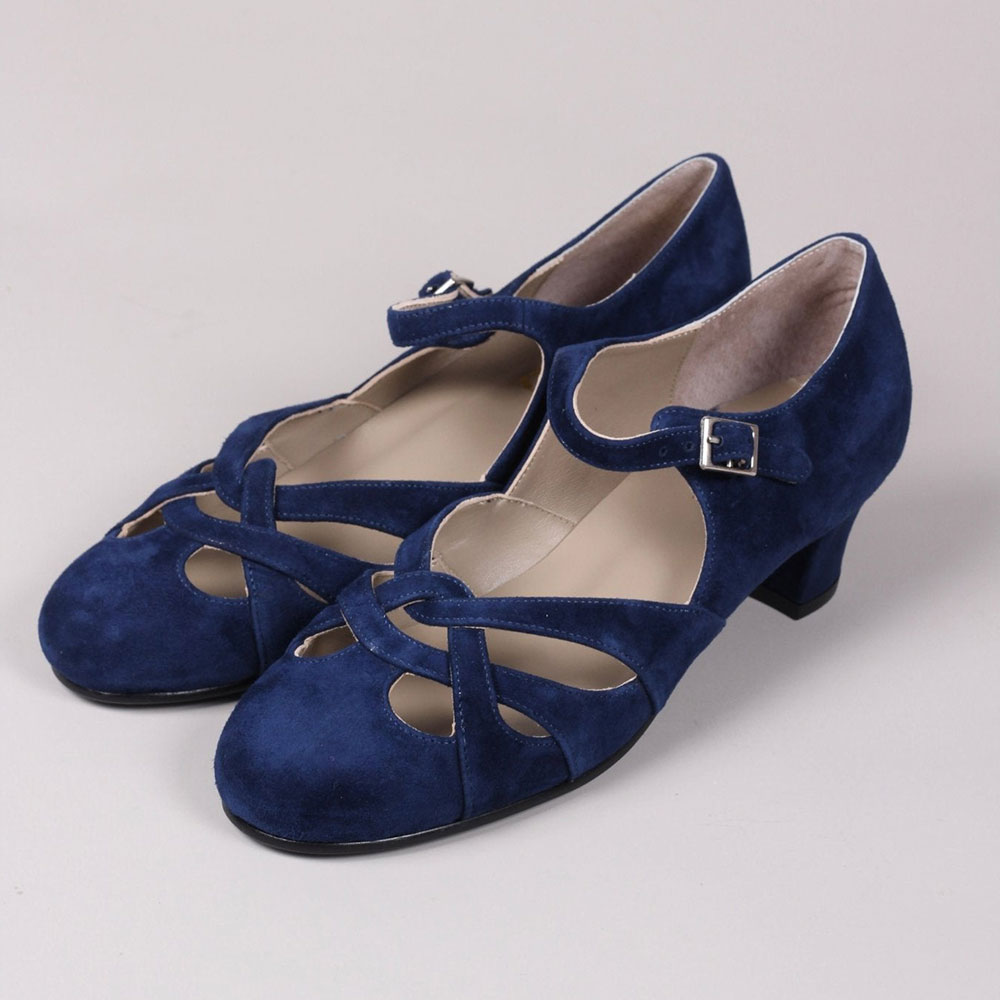 Faux Suede Round Toe Navy Blue Block Heel Pumps with Buckle Nicepairs