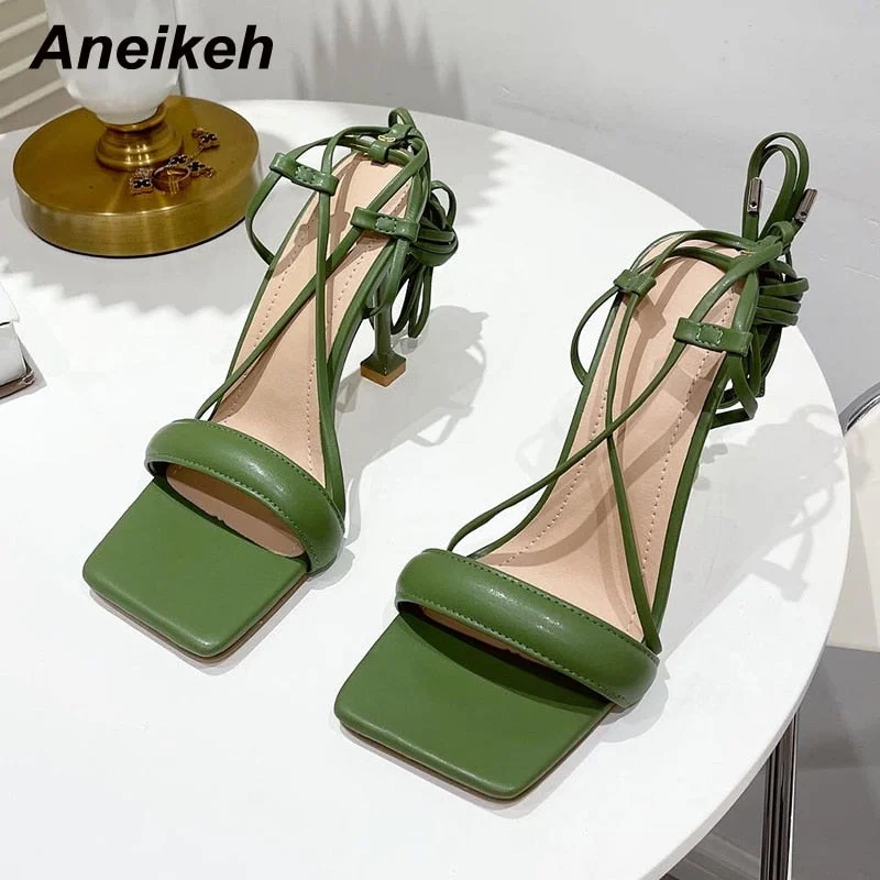 Aneikeh NEW Sexy Cross-Tied GREEN WOVEN PADDED STRAP LACE UP HEELS Sandal Thin Heels High Shoes For Women 2022 Sandals 35-42