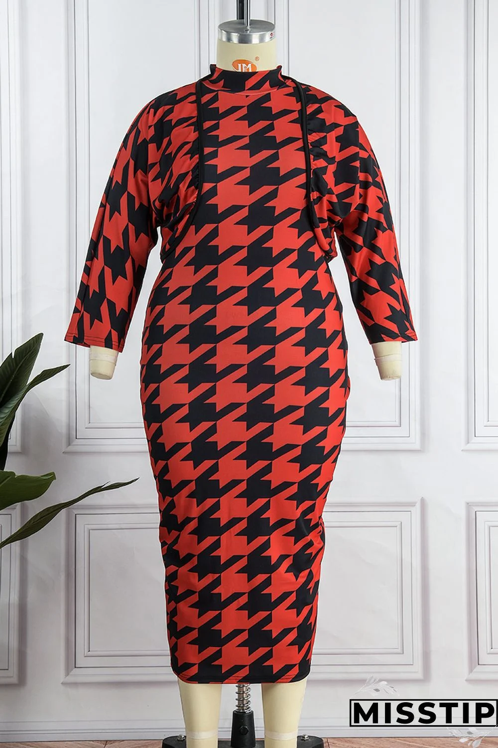 Red Casual Print Basic Half A Turtleneck Sleeveless Dress Plus Size Two Pieces