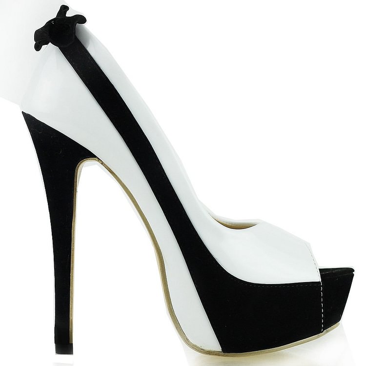 Black and White Heels Peep Toe Stiletto Bow Heels Platform Pumps |FSJ Shoes