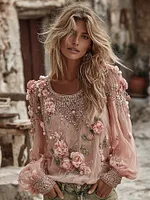 Women's Romantic Floral Embroidered Art Print Flowy Linen Blend Casual Tops - Image 2