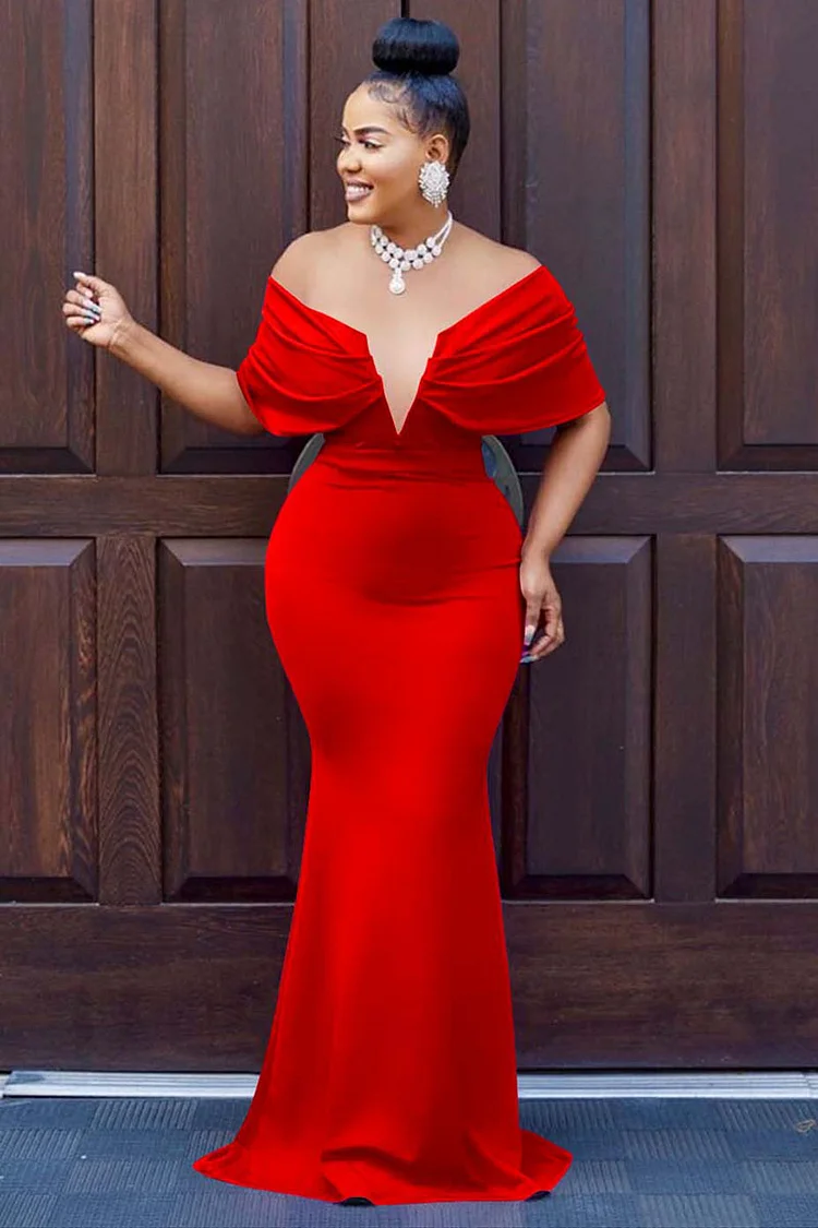 Off Shoulder Deep V Neck Backless Bodycon Fishtail Evening Gowns Maxi Dresses
