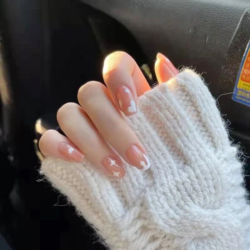 24pcs Small Floral Printed False Nails Patch Glue Type Short Paragraph Fashion Manicure Natural Artificial Ballerina Fake Nails-Nail Inspo